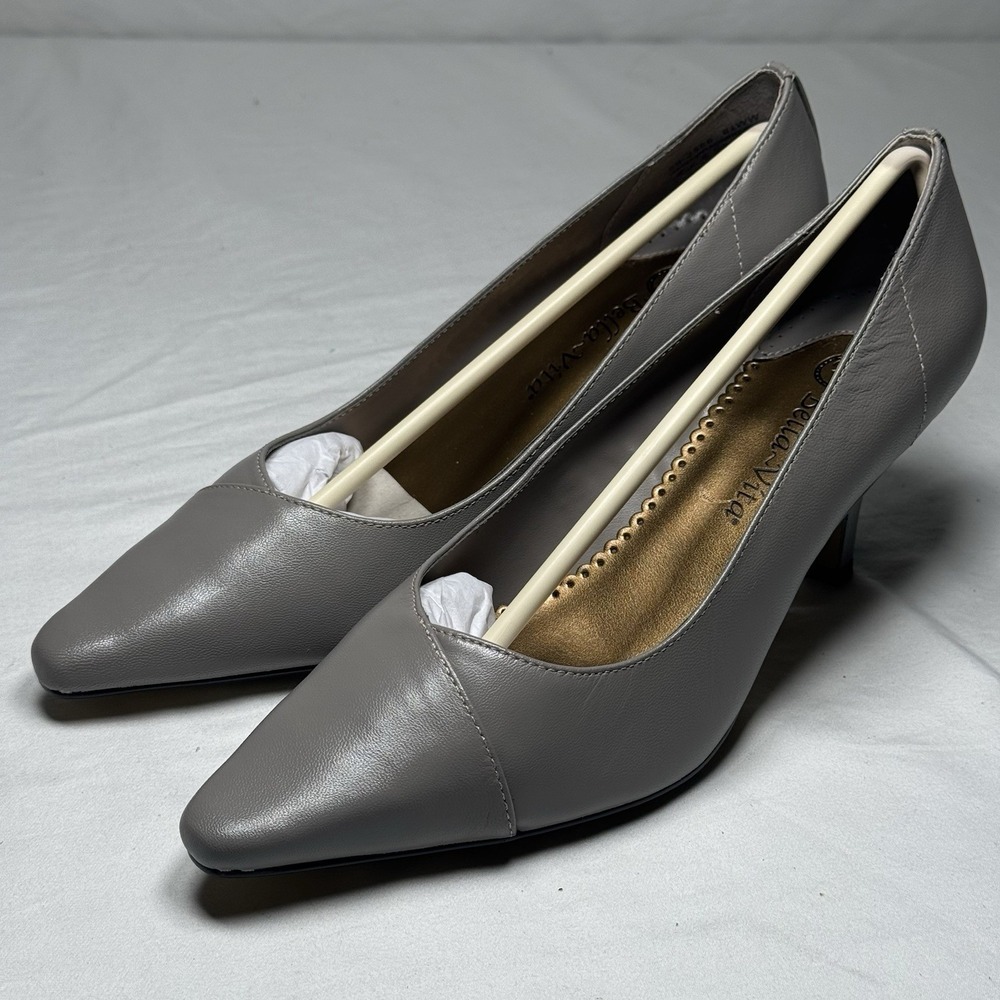 Bella Vita Grey Leather Pointed Toe Heels Womens Size 8 Wide Comfort Pumps
